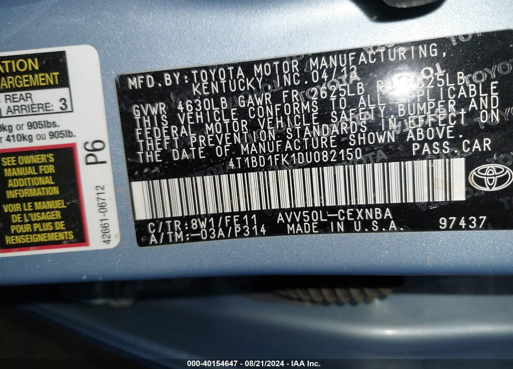 2013 TOYOTA CAMRY HYBRID VIN: 4T1BD1FK1DU082150