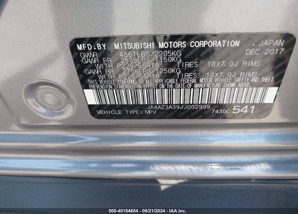 2018 MITSUBISHI OUTLANDER ES VIN: JA4AZ3A39JJ002999