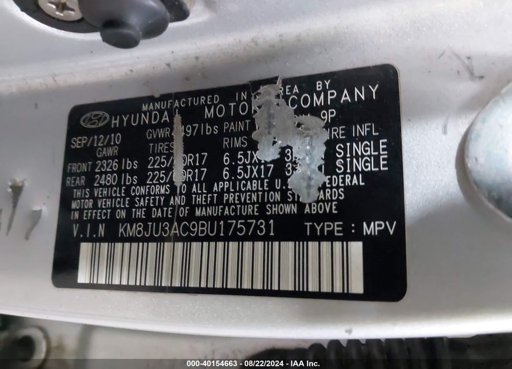 2011 HYUNDAI TUCSON GLS VIN: KM8JU3AC9BU175731