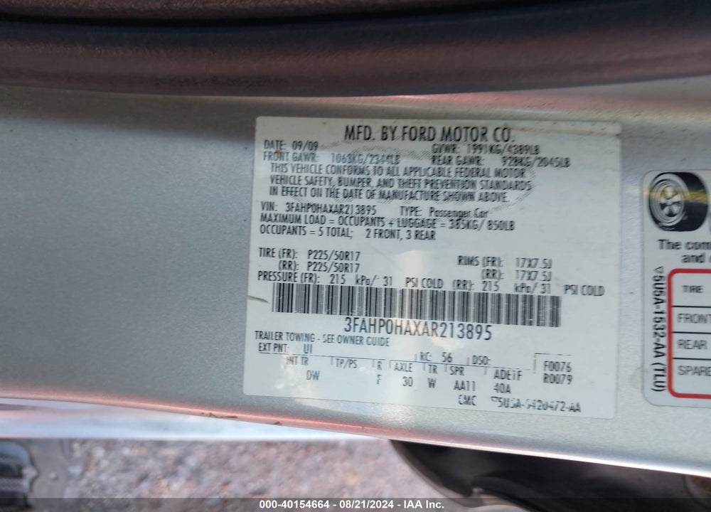 2010 FORD FUSION SE VIN: 3FAHP0HAXAR213895