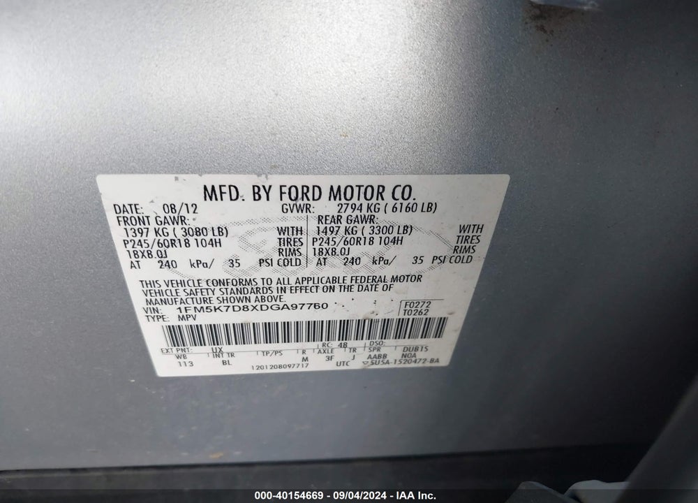 2013 FORD EXPLORER XLT VIN: 1FM5K7D8XDGA97760