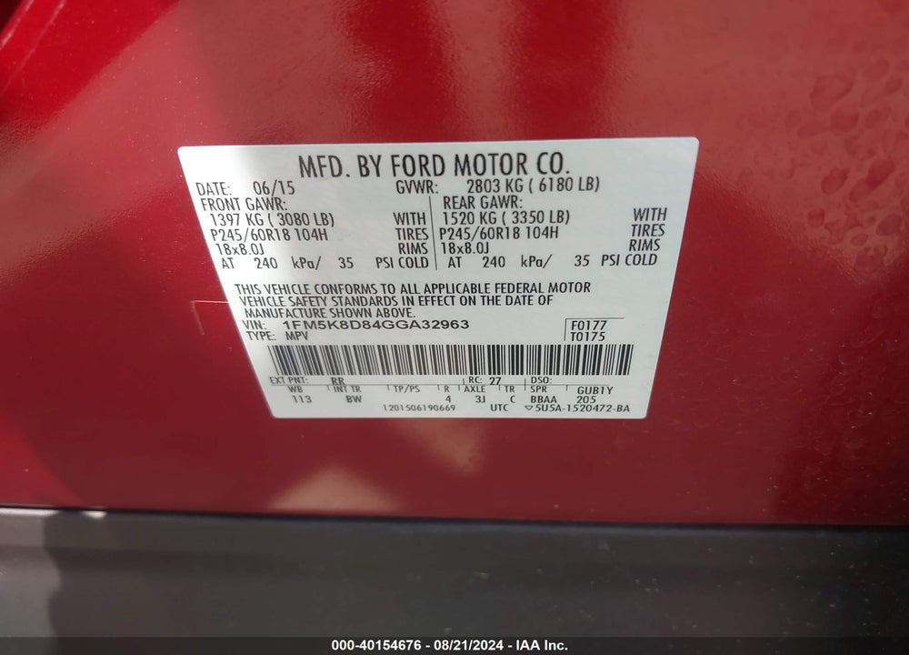 2016 FORD EXPLORER XLT VIN: 1FM5K8D84GGA32963