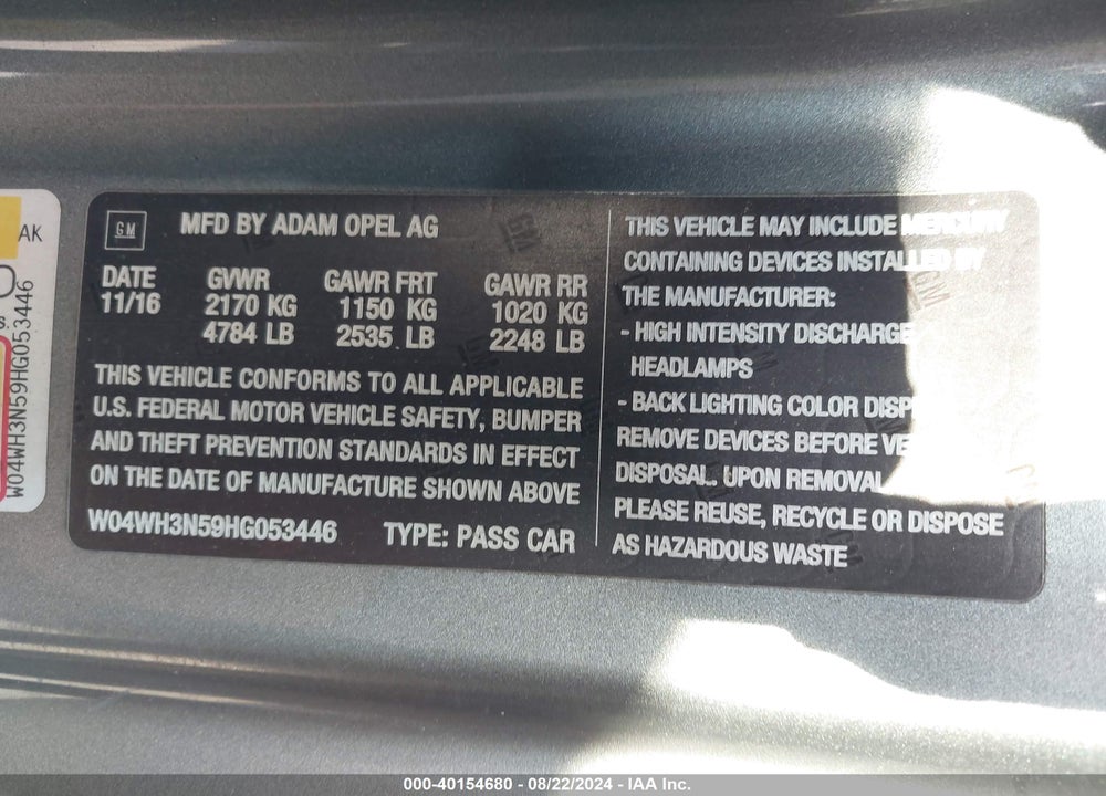 2017 BUICK CASCADA PREMIUM VIN: W04WH3N59HG053446