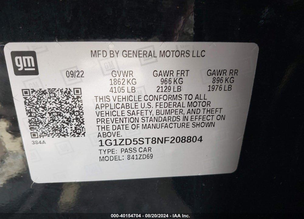 2022 CHEVROLET MALIBU FWD LT VIN: 1G1ZD5ST8NF208804