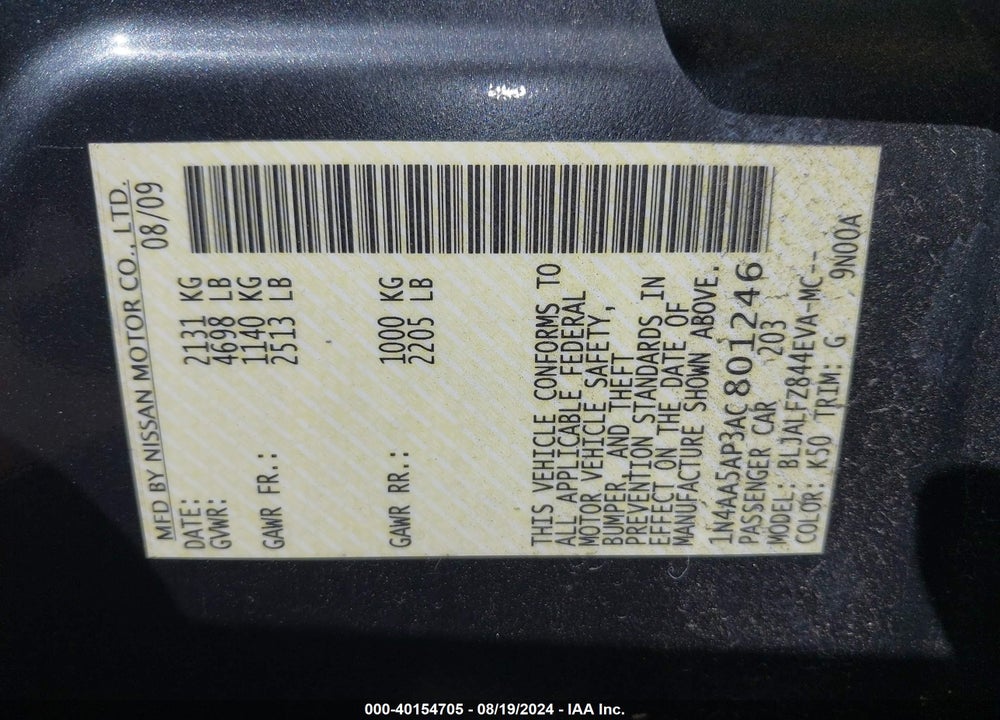 2010 NISSAN MAXIMA 3.5 SV VIN: 1N4AA5AP3AC801246