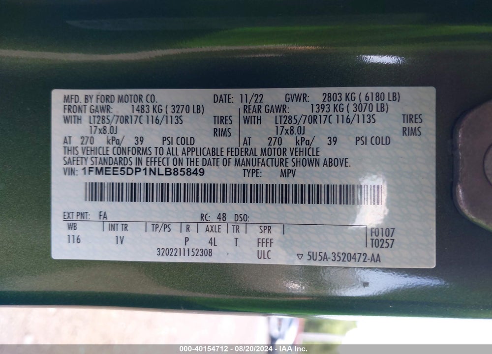 2022 FORD BRONCO VIN: 1FMEE5DP1NLB85849