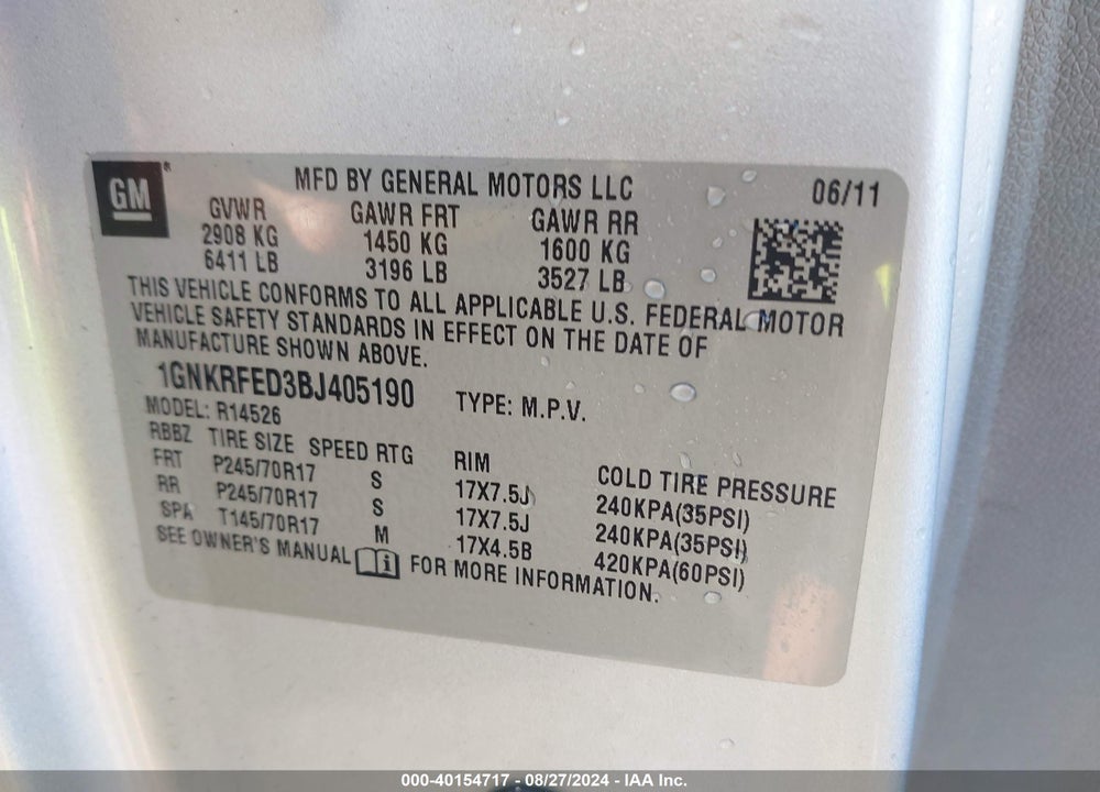2011 CHEVROLET TRAVERSE LS VIN: 1GNKRFED3BJ405190