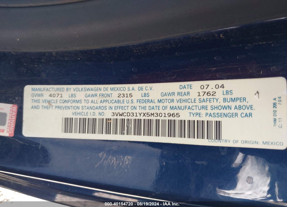 2005 VOLKSWAGEN NEW BEETLE GLS 1.8T VIN: 3VWCD31YX5M301965