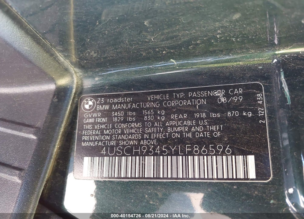 2000 BMW Z3 2.3 VIN: 4USCH9345YLF86596