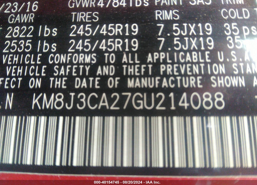 2016 HYUNDAI TUCSON LIMITED VIN: KM8J3CA27GU214088
