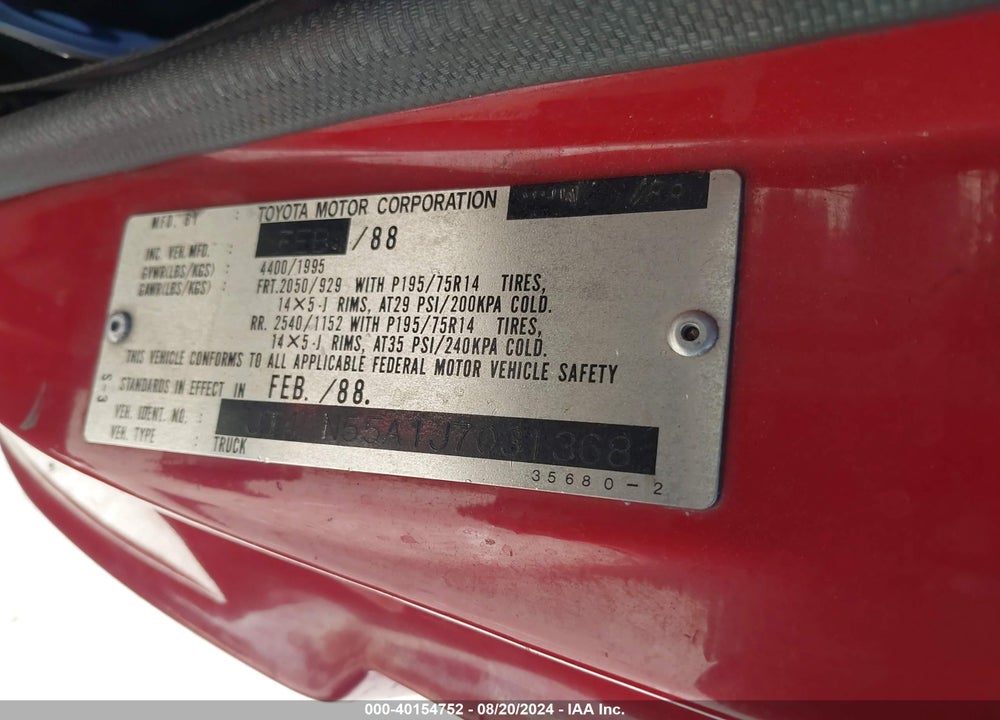 1988 TOYOTA PICKUP 1/2 TON RN55 VIN: JT4RN55A1J7031368
