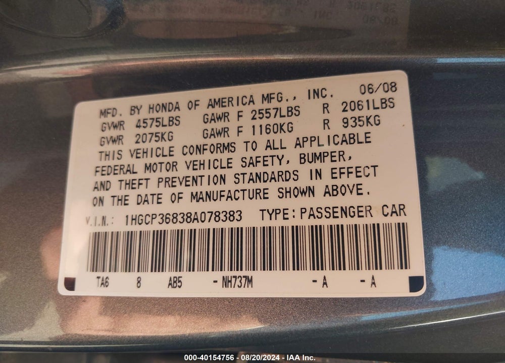2008 HONDA ACCORD 3.5 EX-L VIN: 1HGCP36838A078383