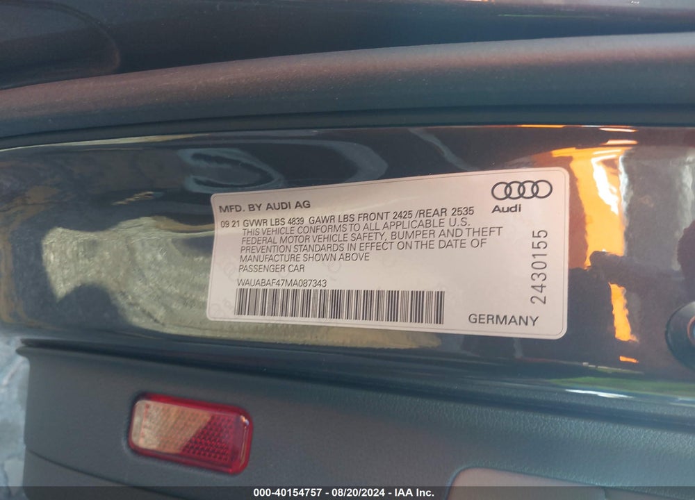 2021 AUDI A4 PREMIUM 40 TFSI QUATTRO S TRONIC VIN: WAUABAF47MA087343