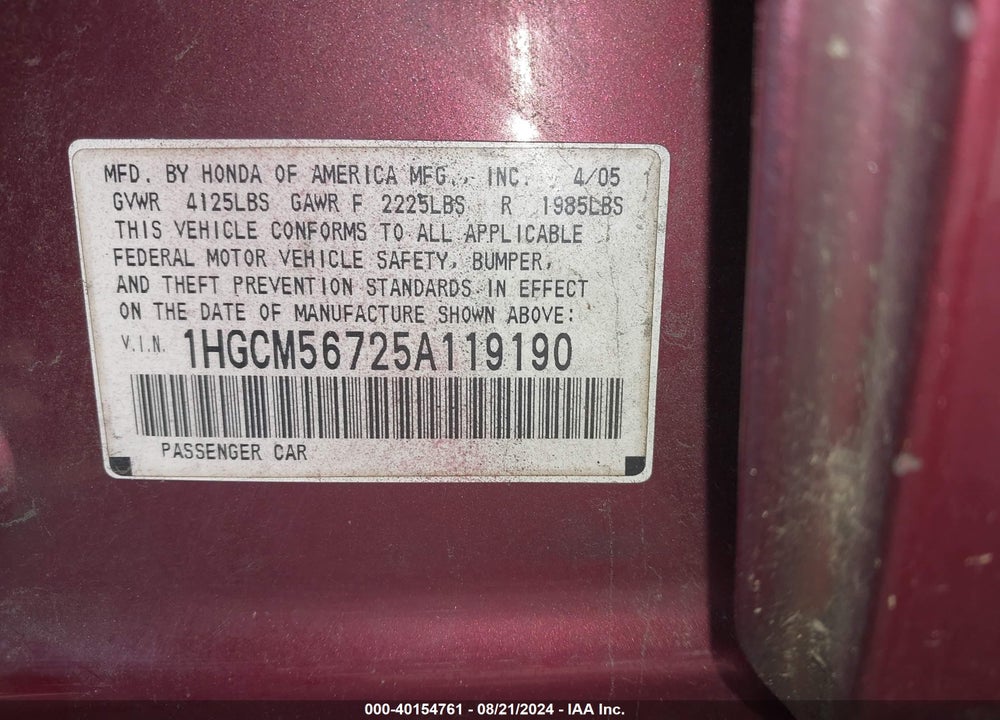 2005 HONDA ACCORD VIN: 1HGCM56725A119190