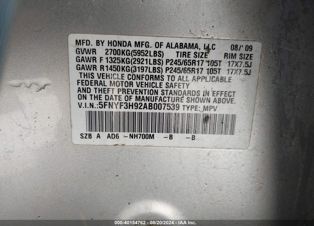 2010 HONDA PILOT TOURING VIN: 5FNYF3H92AB007539