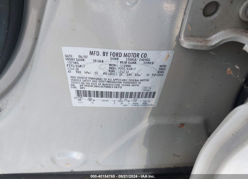 2007 FORD EDGE SE VIN: 2FMDK36C07BB31870