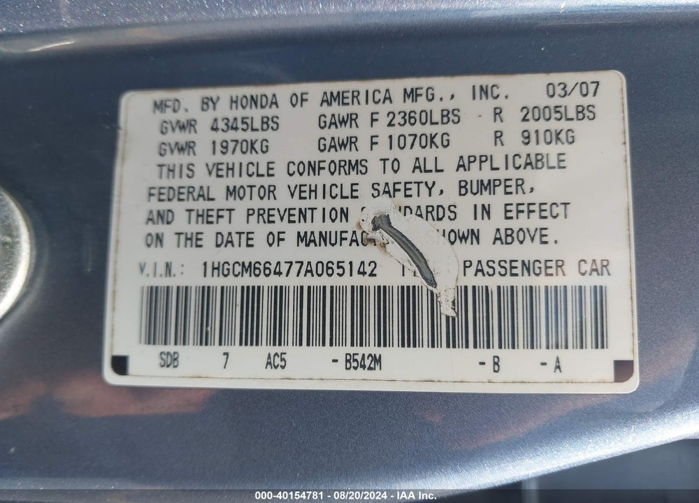 2007 HONDA ACCORD VIN: 1HGCM66477A065142