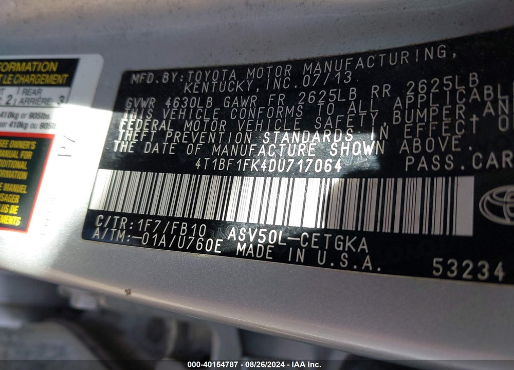 2013 TOYOTA CAMRY XLE VIN: 4T1BF1FK4DU717064