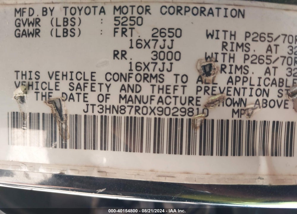 1999 TOYOTA 4RUNNER LIMITED V6 VIN: JT3HN87R0X9029810