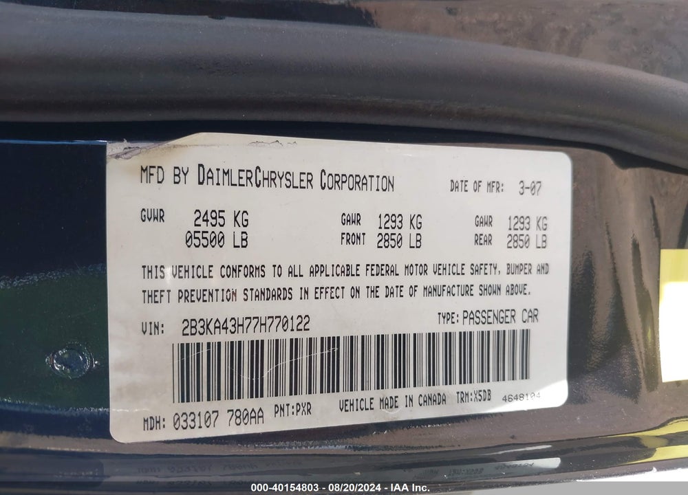 2007 DODGE CHARGER VIN: 2B3KA43H77H770122