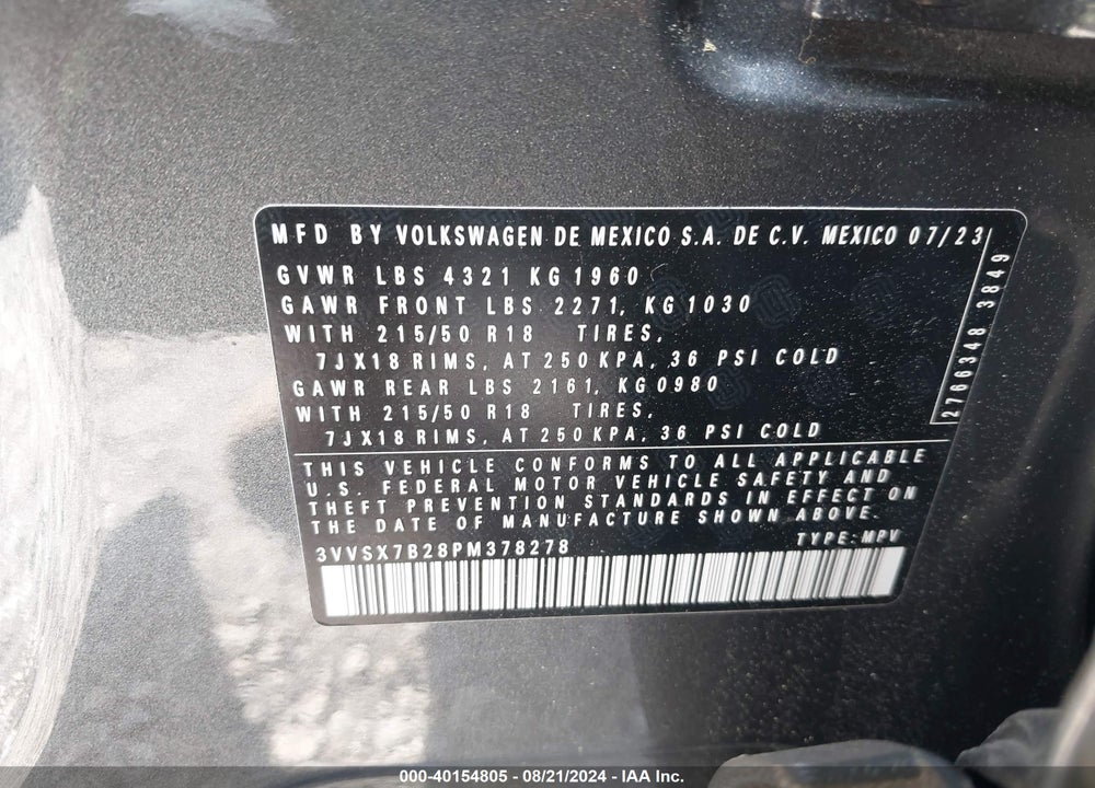 2023 VOLKSWAGEN TAOS 1.5T SE VIN: 3VVSX7B28PM378278
