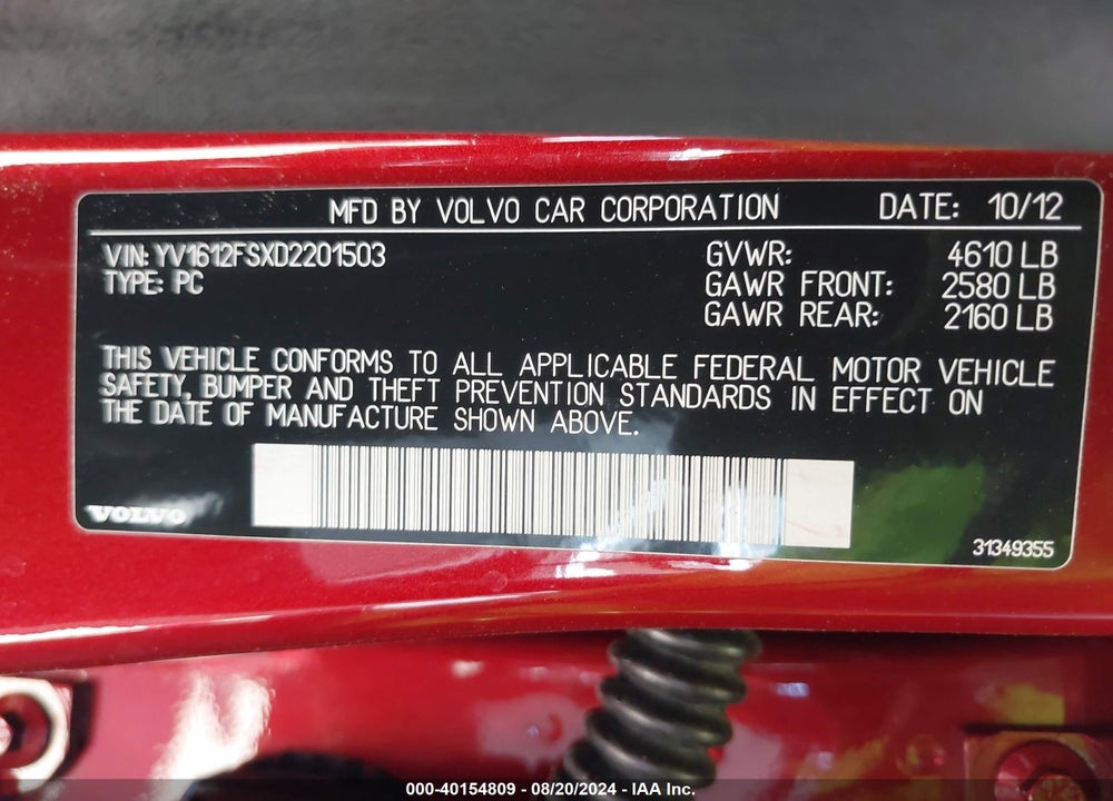 2013 VOLVO S60 T5 VIN: YV1612FSXD2201503