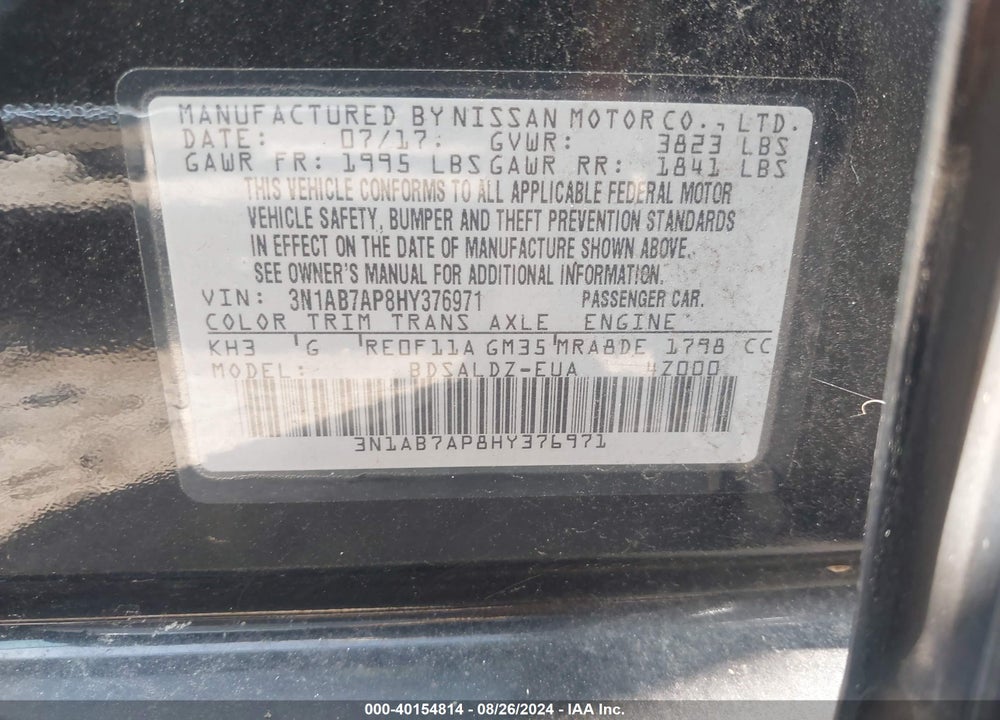 2017 NISSAN SENTRA SV VIN: 3N1AB7AP8HY376971