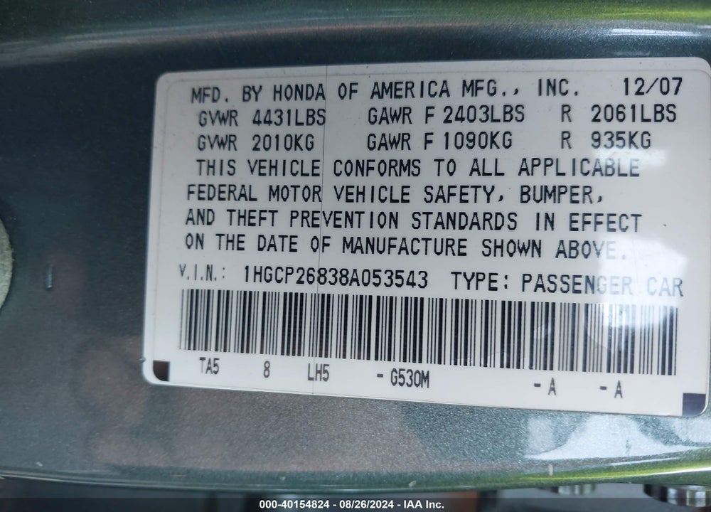 2008 HONDA ACCORD 2.4 EX-L VIN: 1HGCP26838A053543