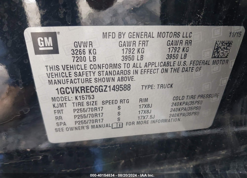 2016 CHEVROLET SILVERADO 1500 1LT VIN: 1GCVKREC6GZ149588