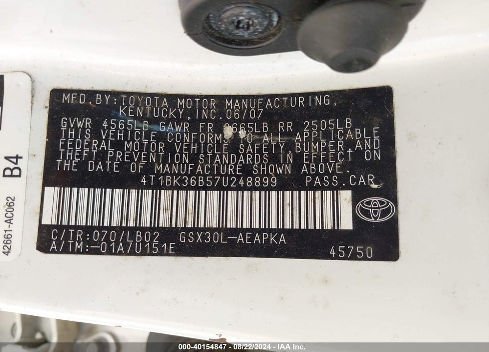 2007 TOYOTA AVALON LIMITED VIN: 4T1BK36B57U248899