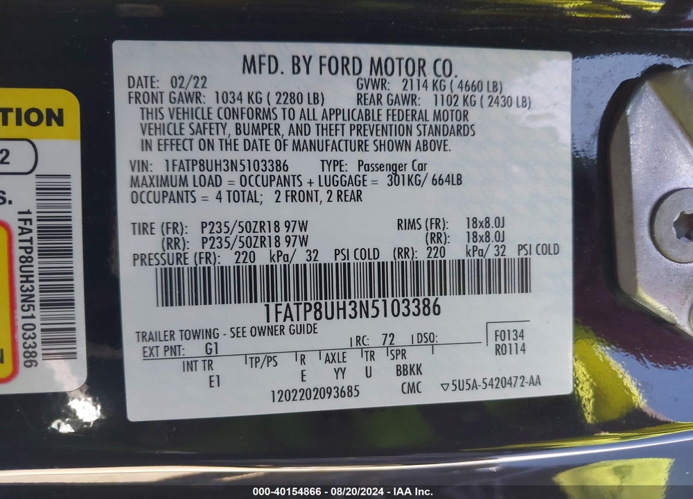 2022 FORD MUSTANG ECOBOOST PREMIUM VIN: 1FATP8UH3N5103386