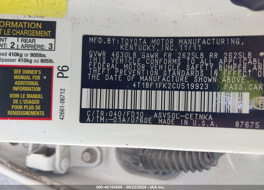 2012 TOYOTA CAMRY LE VIN: 4T1BF1FK2CU519923