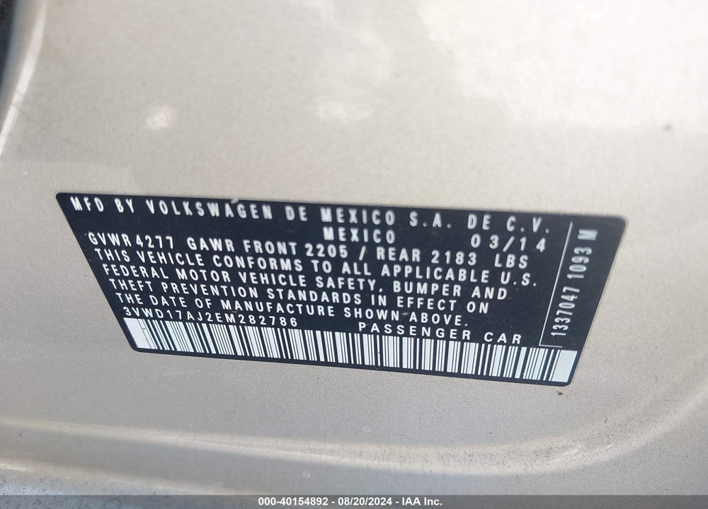 2014 VOLKSWAGEN JETTA 1.8T SE VIN: 3VWD17AJ2EM282786