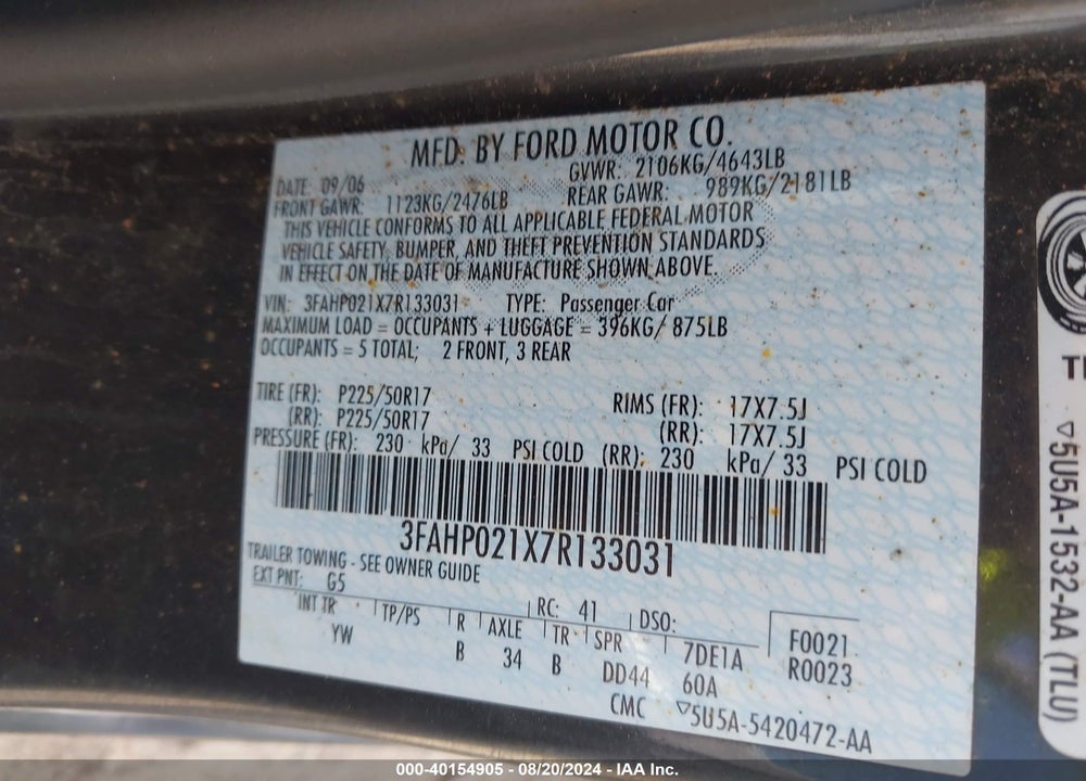 2007 FORD FUSION SEL VIN: 3FAHP021X7R133031