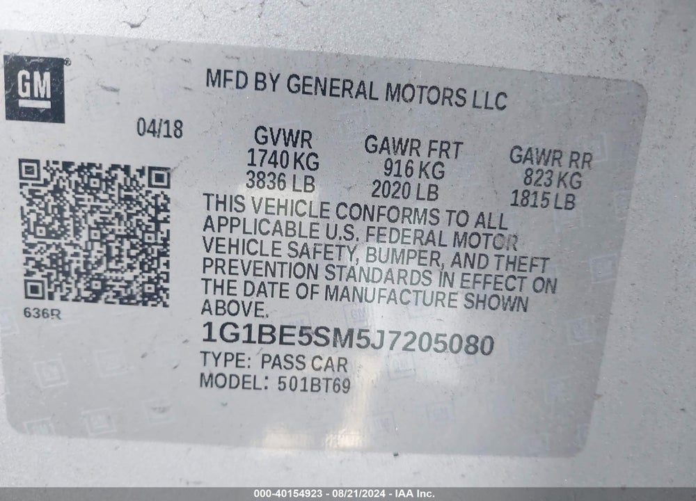 2018 CHEVROLET CRUZE LT AUTO VIN: 1G1BE5SM5J7205080