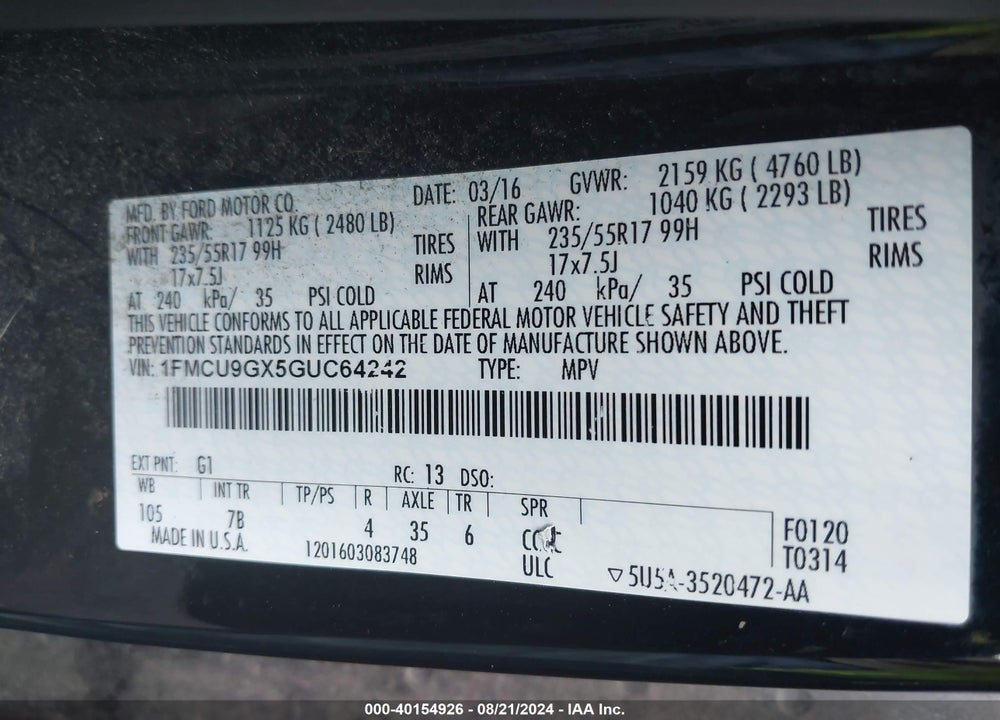 2016 FORD ESCAPE SE VIN: 1FMCU9GX5GUC64242