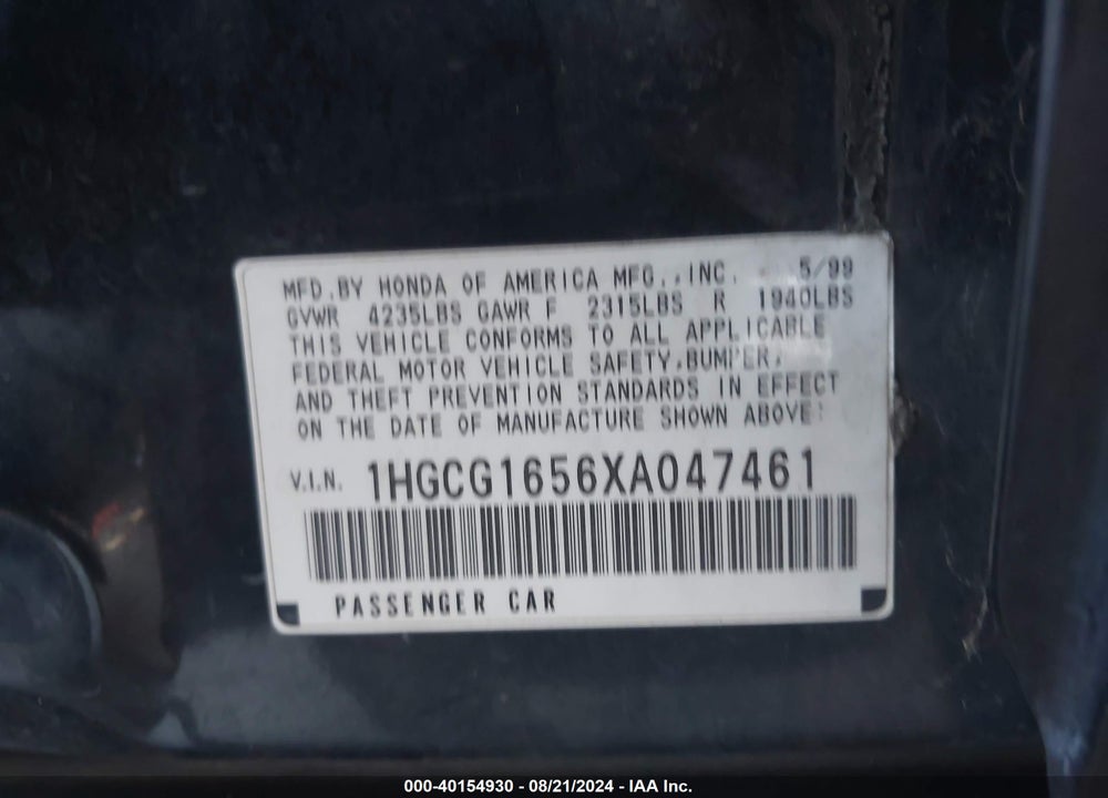 1999 HONDA ACCORD EX V6 VIN: 1HGCG1656XA047461