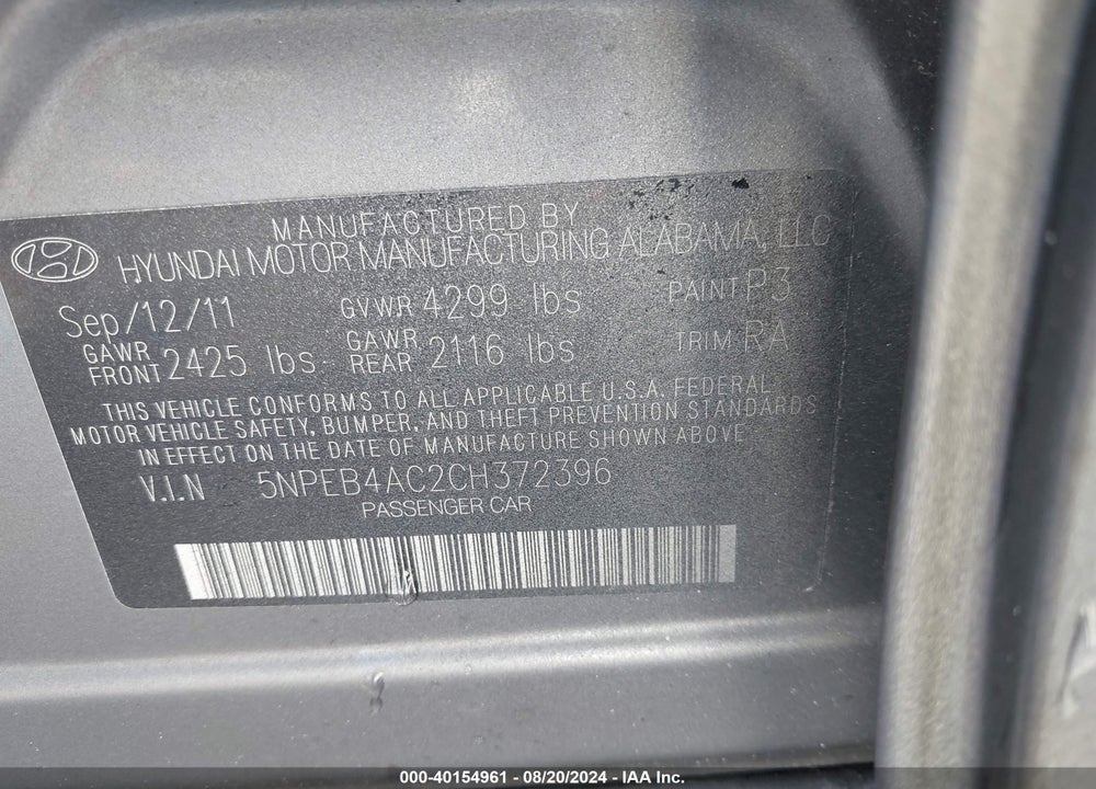 2012 HYUNDAI SONATA GLS VIN: 5NPEB4AC2CH372396
