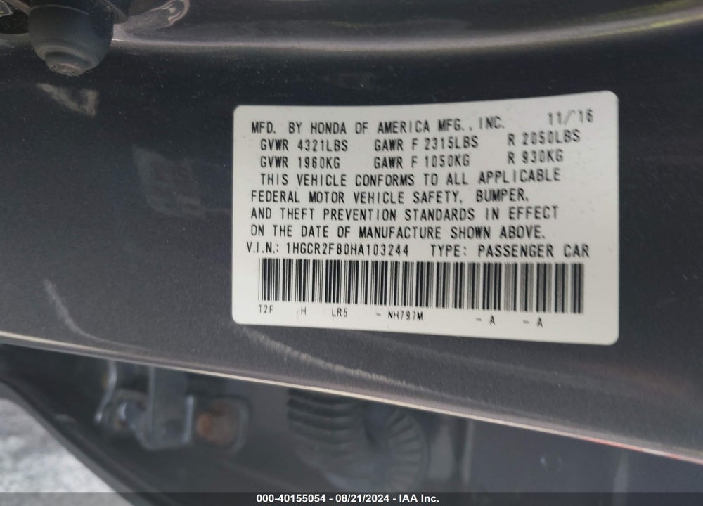 2017 HONDA ACCORD EX-L VIN: 1HGCR2F80HA103244
