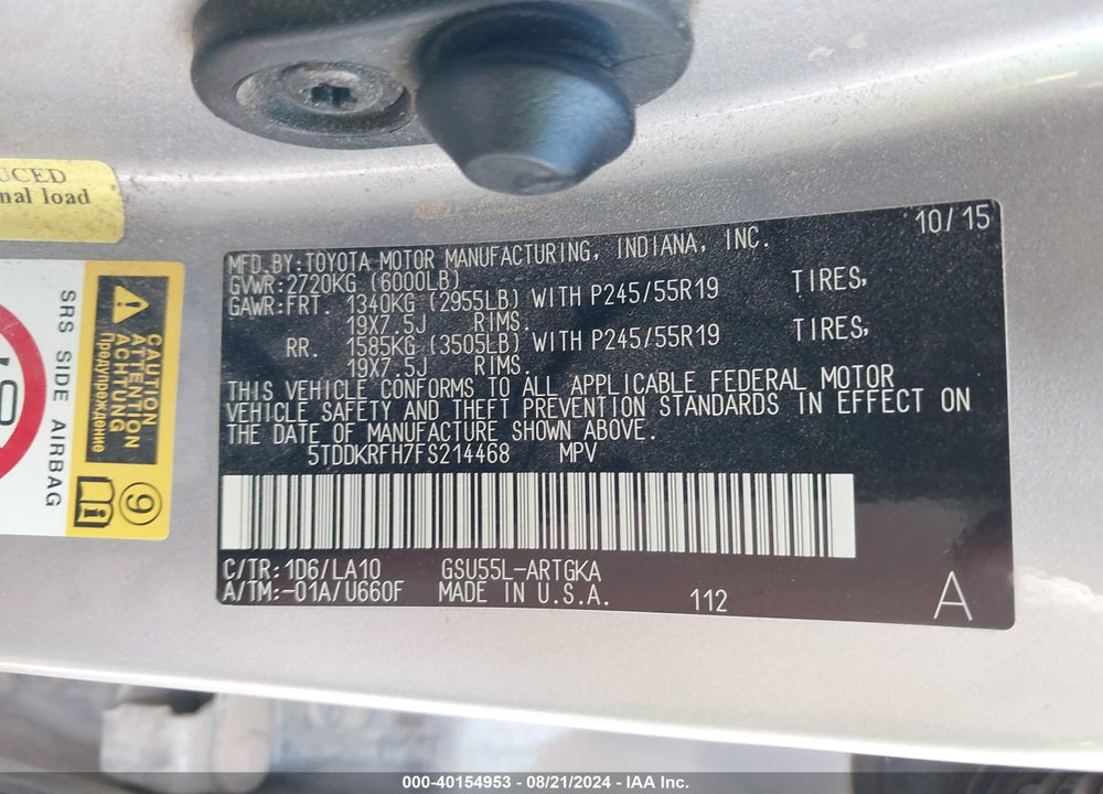 2015 TOYOTA HIGHLANDER LIMITED PLATINUM V6 VIN: 5TDDKRFH7FS214468