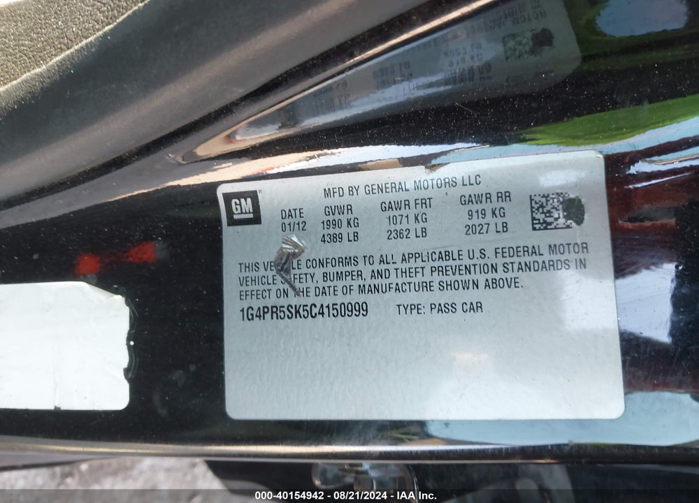 2012 BUICK VERANO CONVENIENCE GROUP VIN: 1G4PR5SK5C4150999