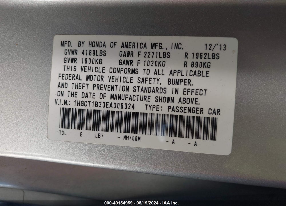 2014 HONDA ACCORD VIN: 1HGCT1B33EA006024