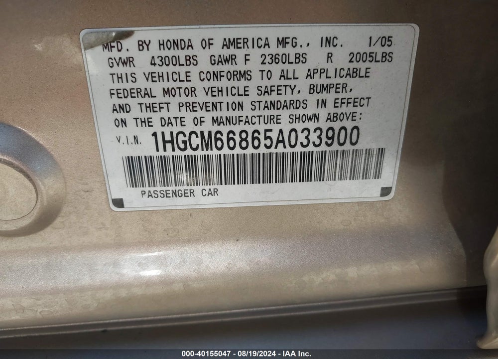 2005 HONDA ACCORD 3.0 EX VIN: 1HGCM66865A033900
