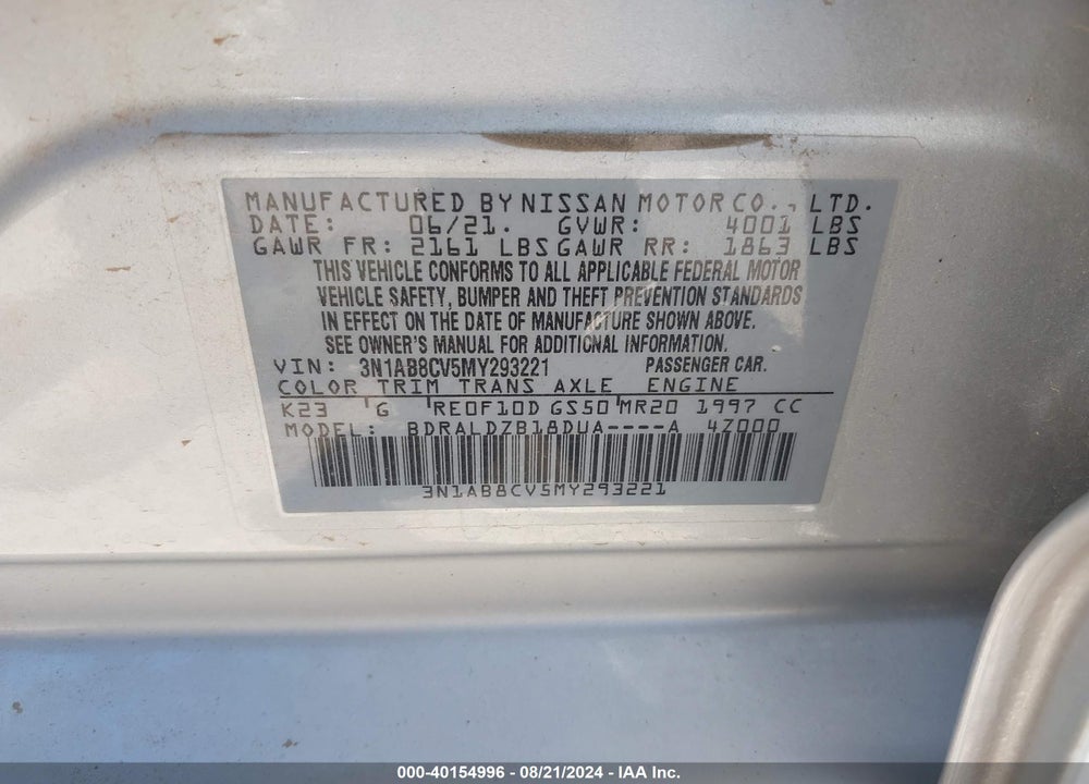 2021 NISSAN SENTRA SV XTRONIC CVT VIN: 3N1AB8CV5MY293221