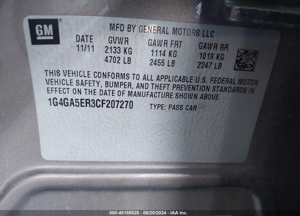 2012 BUICK LACROSSE VIN: 1G4GA5ER3CF207270