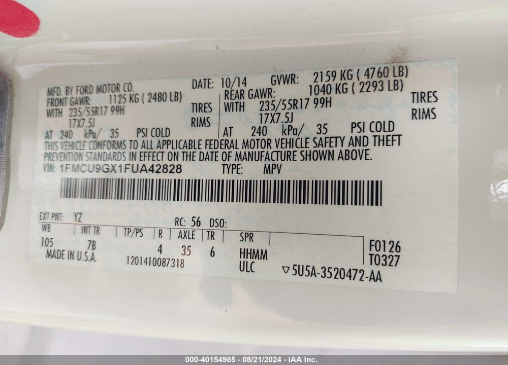 2015 FORD ESCAPE SE VIN: 1FMCU9GX1FUA42828