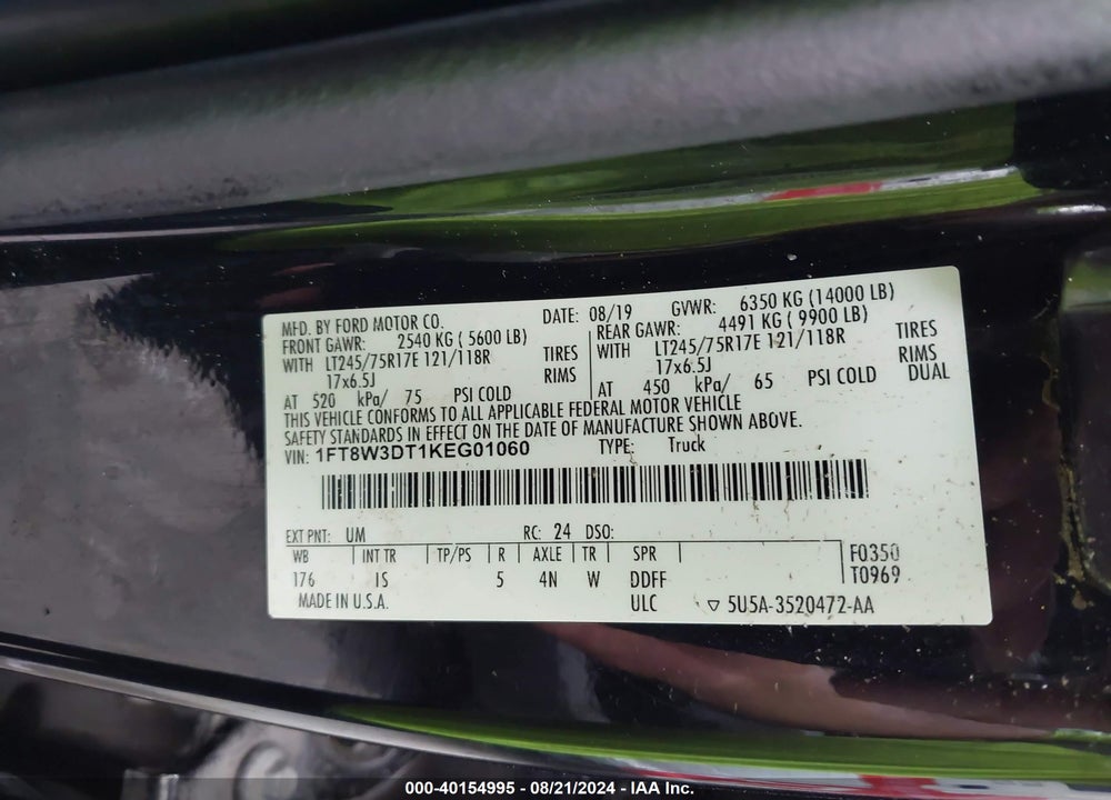 2019 FORD F-350 XL VIN: 1FT8W3DT1KEG01060