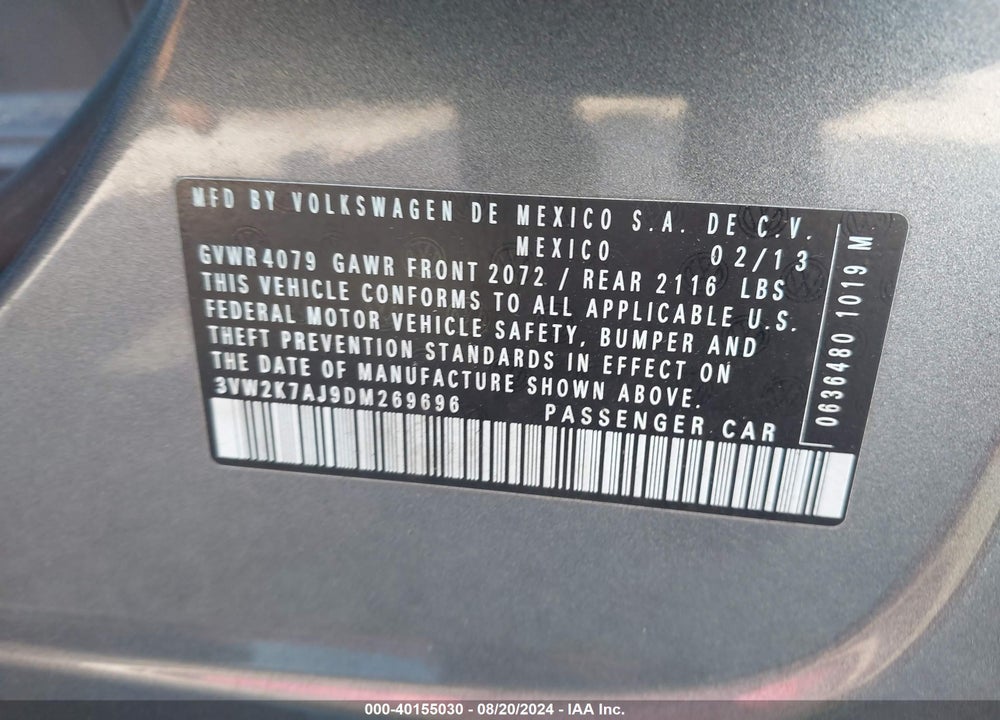 2013 VOLKSWAGEN JETTA 2.0L S VIN: 3VW2K7AJ9DM269696