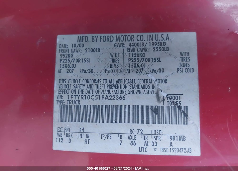 2001 FORD RANGER XL/XLT VIN: 1FTYR10C51PA22366