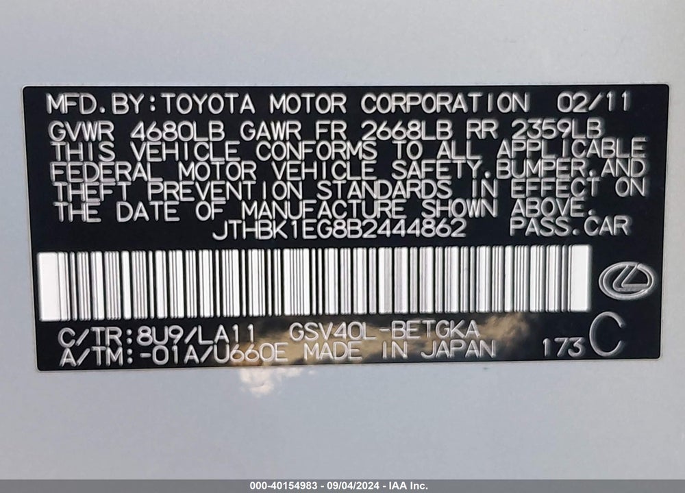 2011 LEXUS ES 350 VIN: JTHBK1EG8B2444862